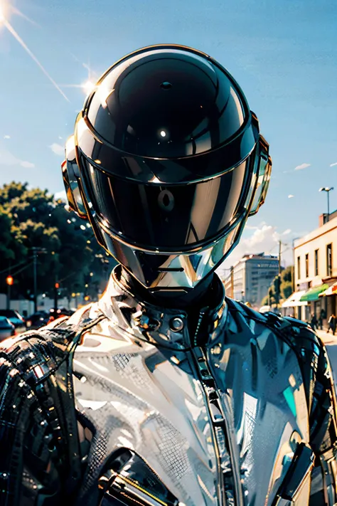 daft punk, (thomasb of daft punk:1.1), man in a (silver:1.1) helmet, looking at viewer,portrait, outside, blue sky, extreme detail, masterpiece, beautiful quality, <lora:diffusiondesign_DaftPunk_V1-08:.8>