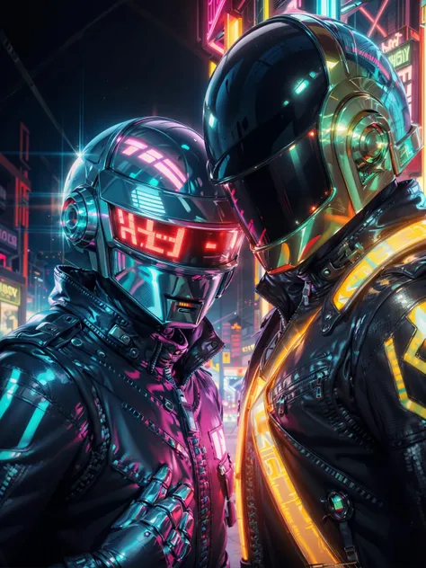 daft punk, guyman and thomasb of daft punk, two men in leather jackets and helmets, psychedelic, intricate details, metallic iridescence, neon lights, vibrant LED reflections, atmospheric realism <lora:diffusiondesign_DaftPunk_V1-08:0.9>