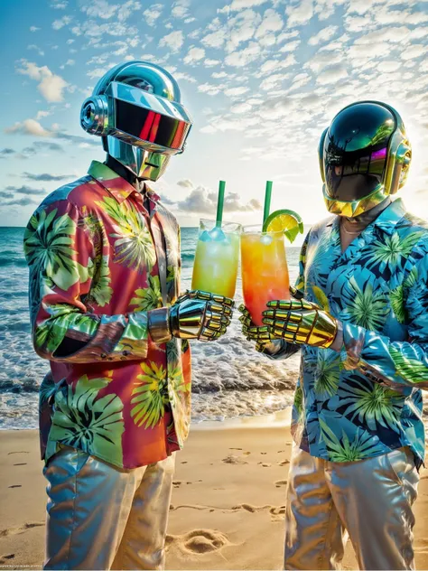 daft punk, thomasb and guyman of daft punk, two men in (hawaiian shirts:1.1) and helmets, standing on a pristine beautiful beach, drinking tropical drinks, cheers, advertising photography, bright high-key lighting <lora:diffusiondesign_DaftPunk_V1-08:0.9>