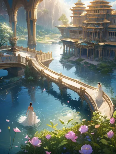2girls,(masterpiece:1.2),best quality,multicolored,masterpiece,best quality,((an extremely delicate and beautiful)),floating,(detailed wet clothes),(detailed light),feather,nature,(sunlight),river,floating palace,beautiful and delicate water,(bloom),(shine),panorama,landscape,