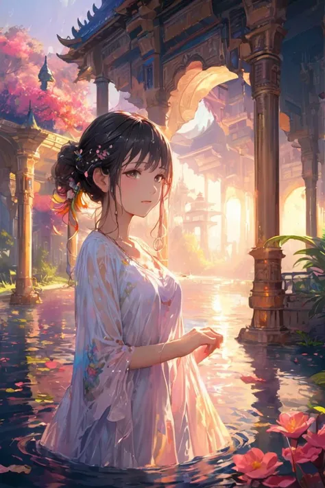 (masterpiece:1.2),best quality,Colorful portraits,multicolored,masterpiece,best quality,((an extremely delicate and beautiful)),floating,(detailed wet clothes),(detailed light),feather,nature,(sunlight),river,floating palace,beautiful and delicate water,(bloom),(shine),(wash painting),(ink s...),
