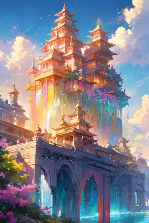 (masterpiece:1.2),best quality,Colorful portraits,multicolored,masterpiece,best quality,((an extremely delicate and beautiful)),floating,(detailed wet clothes),(detailed light),feather,nature,(sunlight),river,floating palace,beautiful and delicate water,(bloom),(shine),(wash painting),(ink s...),