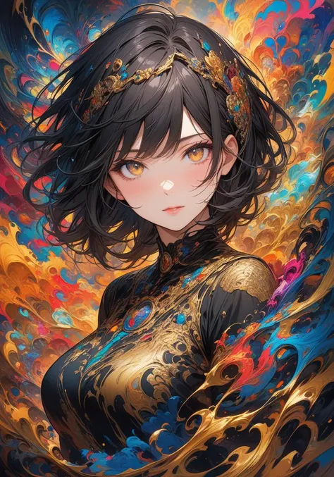 (masterpiece, top quality, best quality, official art, beautiful and aesthetic:1.2),(1girl,upper body:1.3),extreme detailed,(abstract art:1.2),colorful,highest detailed,black and gold,