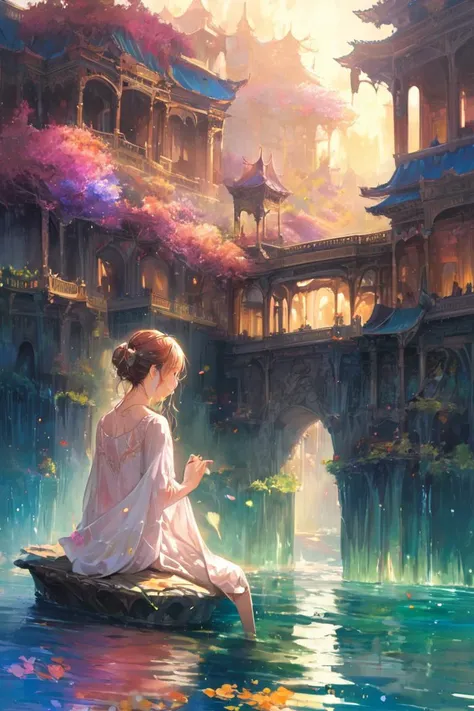 (masterpiece:1.2),best quality,Colorful portraits,multicolored,masterpiece,best quality,((an extremely delicate and beautiful)),floating,(detailed wet clothes),(detailed light),feather,nature,(sunlight),river,floating palace,beautiful and delicate water,(bloom),(shine),(wash painting),(ink s...),panorama,