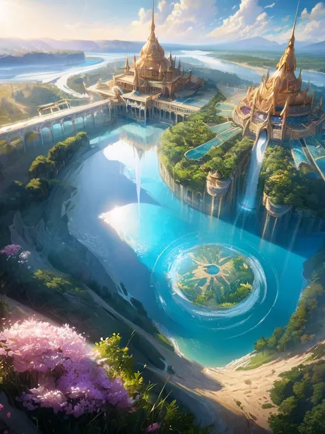 2girls,(masterpiece:1.2),best quality,multicolored,masterpiece,best quality,((an extremely delicate and beautiful)),floating,(detailed wet clothes),(detailed light),feather,nature,(sunlight),river,floating palace,beautiful and delicate water,(bloom),(shine),panorama,landscape,