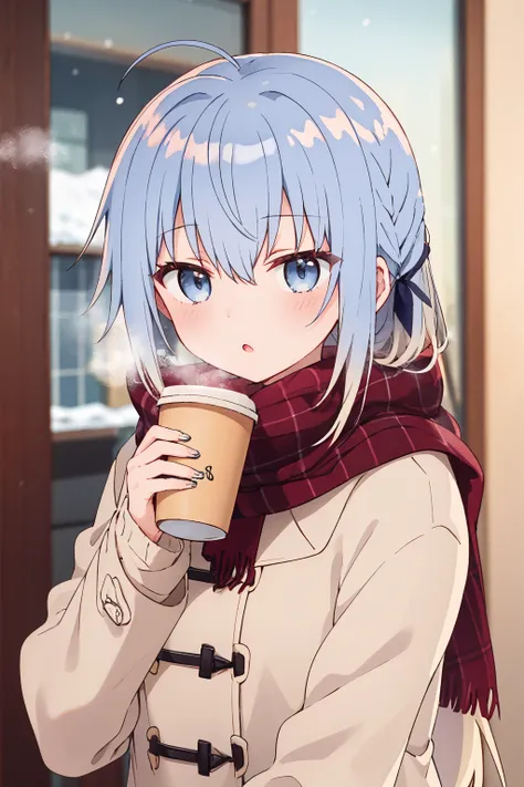 1girl, haiselita aldridge, anime screencap, solo, cup, disposable cup, silver hair, eyebrows visible through hair, holding cup, food, red scarf, looking at viewer, ahoge, blush, upper body, open mouth, blurry background, hair between eyes, breath, grey eyes, coffee cup, long sleeves, white jacket, depth of field, hair ribbon, open jacket, steam, striped scarf, black shirt, outdoors, black ribbon, fringe trim, blue eyes, :o, ribbed sweater, sidelocks, gradient hair, low ponytail, ribbed shirt, duffel coat, grey hair, white coat, open coat, multicolored hair, giving, black sweater, coffee, sleeves past wrists, ponytail, chestnut mouth, window, cold, day, enpera, brown scarf, incoming drink, very long hair, plaid scarf, fingernails, drink, parted lips, indoors, hair over shoulder, vertical stripes, hand up, shiny hair, eyes visible through hair, winter clothes, half-closed eyes, white hair, door, snowing, building
<lora:haiselita_aldridge_locon_v1:0.9>