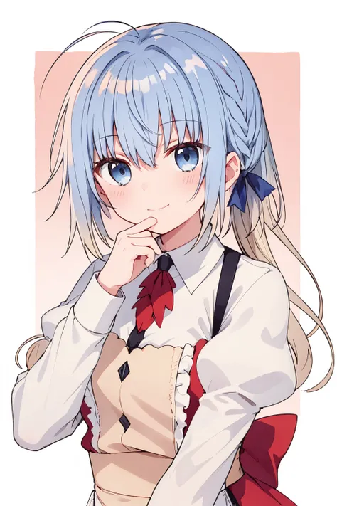 1girl, haiselita aldridge, official art, solo, smile, ahoge, long sleeves, blue eyes, white shirt, eyebrows visible through hair, looking at viewer, upper body, blush, hair between eyes, closed mouth, frills, collared shirt, hair ribbon, blue hair, hand up, blue ribbon, silver hair, red neckwear, braid, floral background, grey eyes, multicolored hair, hand on own chin, center frills, two-tone background, sidelocks, blonde hair, hair bow, gradient hair, neck ribbon, brown background, puffy sleeves, dress, pink background, very long hair, small breasts, white background, ascot, flower, juliet sleeves, rose, hair intakes, blue bow, frilled apron, wing collar, shiny hair, brown apron, shiny, medium breasts, suspenders, hand on own face, head tilt, red ribbon, dress shirt, frilled shirt, two-tone hair, simple background, waitress, finger to own chin, border, outside border, fingernails, white border, light smile, hand to own mouth, hand on own cheek, pink apron, sleeveless dress, white hair, blouse, maid, pinafore dress, gradient background, frilled sleeves, red apron, hair ornament, leaf background, leaf, floating hair, light blue hair, collared dress, portrait 
<lora:haiselita_aldridge_locon_v1:0.9>