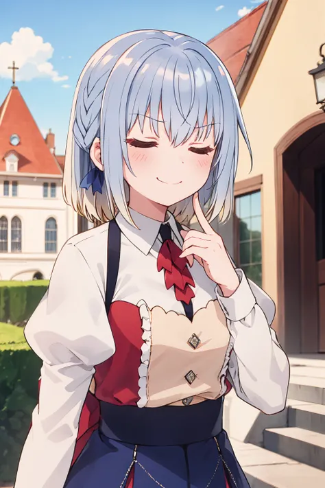 1girl, haiselita aldridge, official art, closed eyes, smile, solo, eyebrows visible through hair, blonde hair, closed mouth, blush, smug, blue hair, day, outdoors, gradient hair, building, blue sky, low ponytail, v-shaped eyebrows, silver hair, doyagao, close-up, hair between eyes, multicolored hair, light blue hair, >:\), long hair, white hair, facing viewer, hand up, window, upper body, index finger raised, church, sidelocks, medium hair, cloud, c:, fingernails, shiny hair, house, red bow, grey hair, smirk, mansion, indoors, tower, door, braid, ^ ^, eyebrows, neck ribbon, ascot, frilled dress, blue dress, white shirt, white blouse, collared shirt, wing collar, dress shirt, buttons, red neckwear, juliet sleeves, puffy long sleeves, frilled skirt, red bow, red ribbon, black skirt, blue skirt, high-waist skirt, suspender skirt
<lora:haiselita_aldridge_locon_v1:0.9>