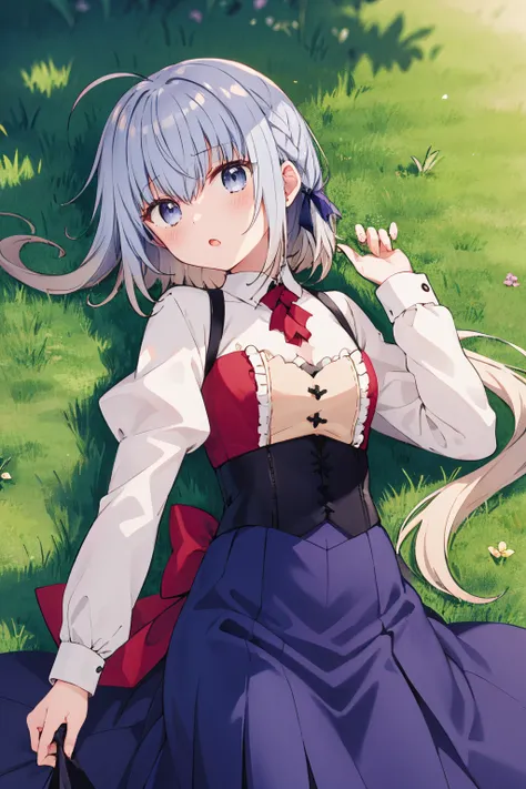 1girl, haiselita aldridge, official art, solo, ahoge, lying, on back, hair ribbon, silver hair, eyebrows visible through hair, white shirt, looking at viewer, parted lips, grey hair, collared shirt, corset, hair between eyes, high-waist skirt, red neckwear, frills, purple skirt, blue skirt, underbust, open mouth, juliet sleeves, center frills, floating hair, shiny hair, low ponytail, blue ribbon, bowtie, buttons, shiny, red bow, sidelocks, hand up, small breasts, very long hair, red ribbon, pleated skirt, suspender skirt, virgin killer outfit, cowboy shot, wing collar, purple ribbon, hair bow, blouse, eyes visible through hair, black ribbon, shadow, blush, :o, neck ribbon, purple dress, hair ornament, head tilt, long skirt, scarf, from above, sleeves past wrists, dress shirt, fingernails, puffy long sleeves, blue eyes, white blouse, purple bow, light purple hair, arm at side, upper body, dutch angle, light particles, outdoors, grass, field, dappled sunlight  
<lora:haiselita_aldridge_locon_v1:0.9>