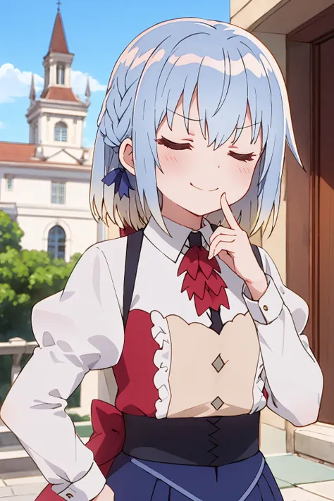 1girl, haiselita aldridge, anime screencap, closed eyes, smile, solo, eyebrows visible through hair, blonde hair, closed mouth, blush, smug, blue hair, day, outdoors, gradient hair, building, blue sky, low ponytail, v-shaped eyebrows, silver hair, doyagao, close-up, hair between eyes, multicolored hair, light blue hair, >:\), long hair, white hair,  facing viewer, hand up, window, upper body, index finger raised, church, sidelocks, medium hair, cloud, c:,  fingernails, shiny hair, house, red bow, grey hair, smirk, mansion, indoors, tower, door, braid, ^ ^,  eyebrows, neck ribbon, ascot, frilled dress, blue dress, white shirt, white blouse, collared shirt, wing collar, dress shirt, buttons, red neckwear, juliet sleeves, puffy long sleeves, frilled skirt, red bow, red ribbon, black skirt, blue skirt, high-waist skirt, suspender skirt
<lora:haiselita_aldridge_locon_v1:0.9>