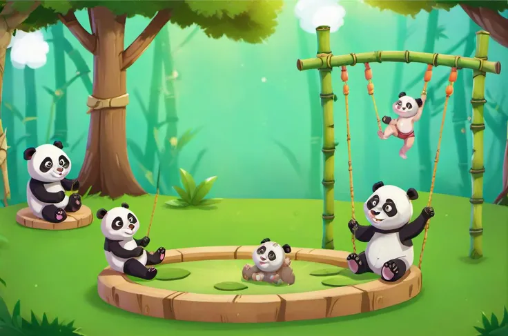 background plate, Panda Playground: Bamboo swings, playful pandas, bamboo slides, giggling baby pandas, zen garden., v3rd, flatee, <lora:BACKTOON_0.1_RC:0.6>