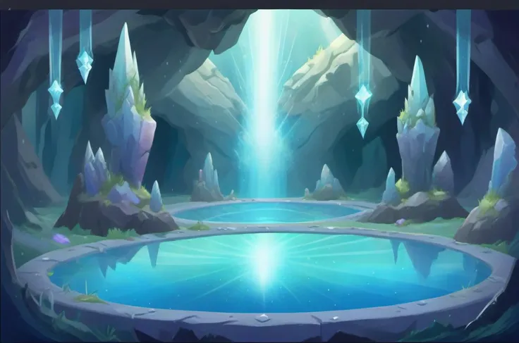 background plate, Crystal Cavern: Glittering crystals, mirrored pools, luminescent insects, hidden crystal giants, ethereal echoes., v3rd, flatee, <lora:BACKTOON_0.1_RC:0.6>