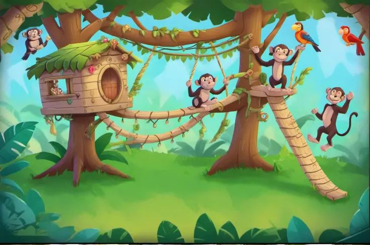 background plate, Jungle Treehouse: Elevated, wooden platforms, swinging vines, playful monkeys, exotic birds, hidden treasures., v3rd, flatee, <lora:BACKTOON_0.1_RC:0.6>