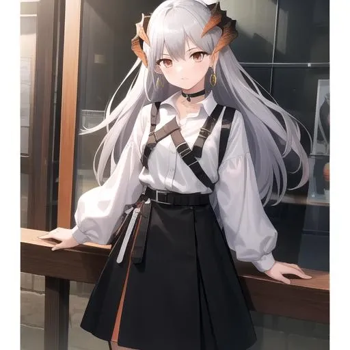 ((masterpiece)),(best quality),official art,extremely detailed CG,unity 8k wallpaper,ultra detailed,1girl,solo,cowboy shot,horns,long_hair,long_sleeves,black_skirt,long_skirt,orange_eyes,grey_hair,earrings,bangs,dragon_horns,high-waist_skirt,white_shirt,jewelry,choker,looking_at_viewer,white_hair,belt,<lora:Saria(ark)>,