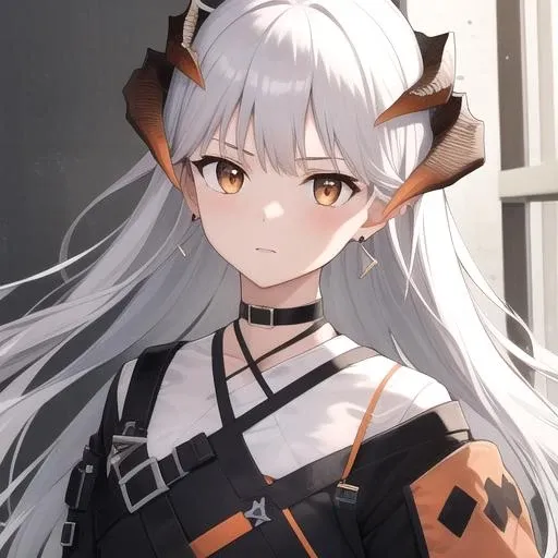 ((masterpiece)),(best quality),official art,extremely detailed CG,unity 8k wallpaper,ultra detailed,1girl,solo,upper body,(portrait:1.2),horns,long_hair,long_sleeves,black_skirt,long_skirt,orange_eyes,grey_hair,earrings,bangs,dragon_horns,high-waist_skirt,white_shirt,jewelry,choker,looking_at_viewer,white_hair,belt,<lora:Saria(ark)>,