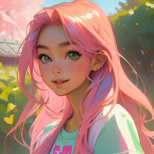 pink hair, cute, sexy, portrait, album artwork, pretty, light green t shirt, girl, SHSID-1925, photorealistic, real, best quality, 8k, ager, portrait, asian <hypernet:SHSID:0.6>, teen beautiful, cute, bronze color skin, extremely beautiful, looking in front, smiling