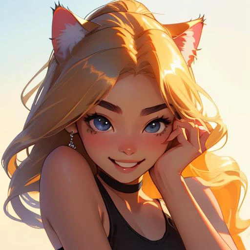 sports bra, sexy, beautiful, cute, diamond earrings with no dangles, girl, SHSID-1925, photorealistic, real, best quality, 8k, ager, portrait, asian <hypernet:SHSID:0.6>, teen beautiful, cute, bronze color skin, extremely beautiful, looking in front, black|blonde hair, (cat ears), (smiling:1.2)