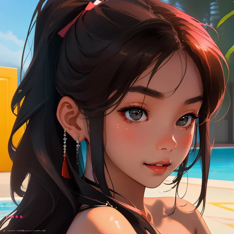 super thin bikini, (sexy), beautiful, cute, diamond earrings with no dangles, girl, SHSID-1925, photorealistic, real, best quality, 8k, ager, portrait, asian <hypernet:SHSID:0.6>, teen beautiful, cute, bronze color skin, extremely beautiful, looking in front, black hair, smiling, ((nsfw)), ((portrait)), ((cover art)), ((Close up))