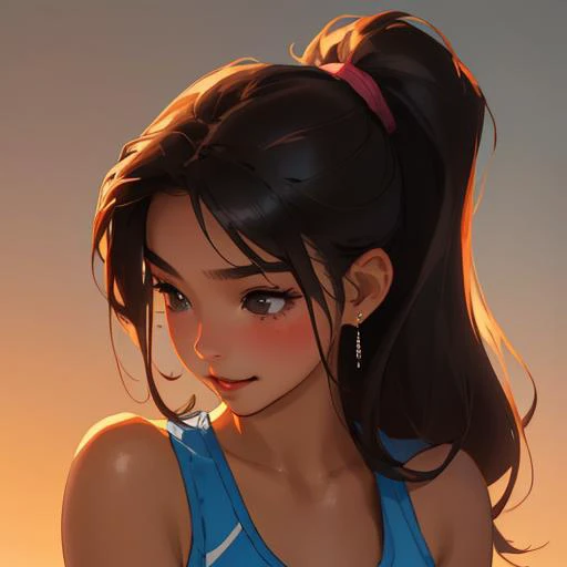 sports bra, sexy, beautiful, cute, diamond earrings with no dangles, girl, SHSID-1925, photorealistic, real, best quality, 8k, ager, portrait, asian <hypernet:SHSID:0.6>, teen beautiful, cute, bronze color skin, extremely beautiful, looking in front, black hair, smiling, portrait, cover artwork