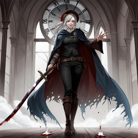 drawn in the artstyle of <lora:MidoriV1-000012:0.8>, 1girl, medium_breasts, lady_maria_of_the_astra_ clocktower, rakuyo_\(bloodborne\), inside clocktower, giant clock in background, white_hair, magical blood mist flowing from sword, ponytail, boots, bloodborne outfit, katana, hat_feather, cape, holding_weapon, pistol holstered on hip, gothic, wooden floor, glowing red light coming through the floorboards, inside, grey eyes, red lighting coming from floo dark_room,