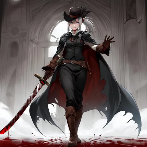 drawn in the artstyle of <lora:MidoriV1-000009:0.8>, 1girl, medium_breasts, lady_maria_of_the_astra_ clocktower, rakuyo_\(bloodborne\), inside clocktower, giant clock in background, white_hair, magical blood mist flowing from sword, ponytail, boots, bloodborne outfit, katana, hat_feather, cape, holding_weapon, pistol holstered on hip, gothic, wooden floor, glowing red light coming through the floorboards, inside, grey eyes, aura of red mist flowing from girl, dark_room,