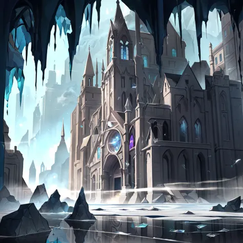 drawn in the artstyle of <lora:MidoriV1-000012:0.8>, , glowing, absurdres, best quality, ultra-detailed, inside a cave, (fantasy city made of multicolored glowing stained glass, specks of multicolored dust falling from the cave roof:1.3), liquid like reflective floor, beautiful, (otherworld, abstract:1.2), HDR, Ray Tracing, professional, concept_art, godly lighting, light_particles, outside of city, buildings, dark, light spreading from the glowing city, stone_roof, distant shot, city in the distance, shattered buildings, floating glass, frozen time,