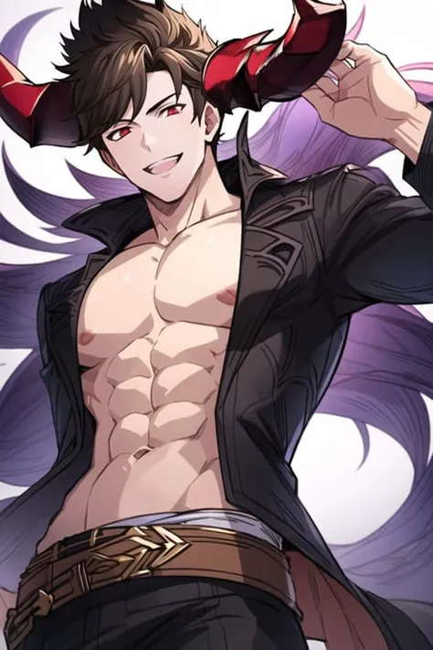 best quality, masterpiece, highres, belial \(granblue fantasy\), 1boy, male focus, solo, grin, black hair, black shirt, open shirt, abs, feather boa, red eyes, black pants, short hair, looking at viewer, belt, horns, highly detailed <lora:belialGranblueFantasy_v1:0.6>
