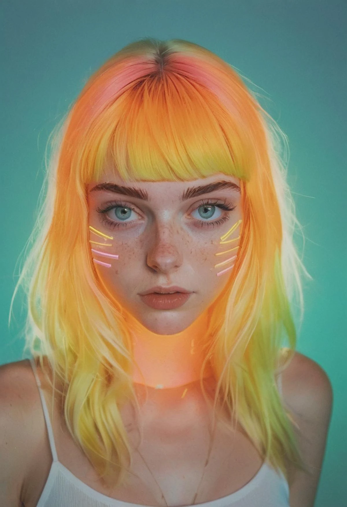 ombre color scheme of neon pink, blue, orange, yellow, green and white, anime artwork, grand photograph, Polaroid, surprised 19-year-old girl, glowing hair, canon 5d mark 4, neon light, kodak ektar, Feminine, pastel colors, curved lines, elaborate detail, art by Bec Winnel, <lora:sss:0.8> subsurface scattering, sss <lora:add-detail-xl:1> <lora:sdxl:0.85> <lora:envyStarlight_v10:0.8>
