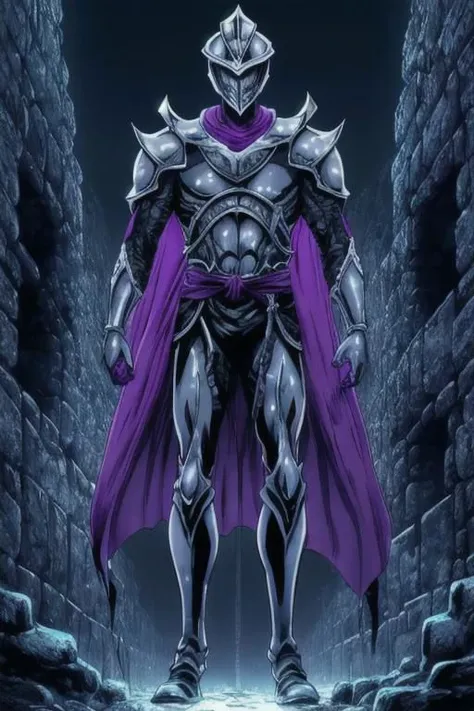 illustration,
humanoid monster,
tall slender figure,
helmet with pointed edges,
empty eye sockets,
fantasy armor,
dark armor,
light gray color,
clawed gloves,
energy body,
purple aura,
black light-blue colors,
standing,
looking at viewer,
background ruins,
dynamic light, ultra detail,
extremely detailed CG, full detail, 
8k best quality, realistic, 8k, 
micro intricate, masterpiece,
by Kentaro Miura