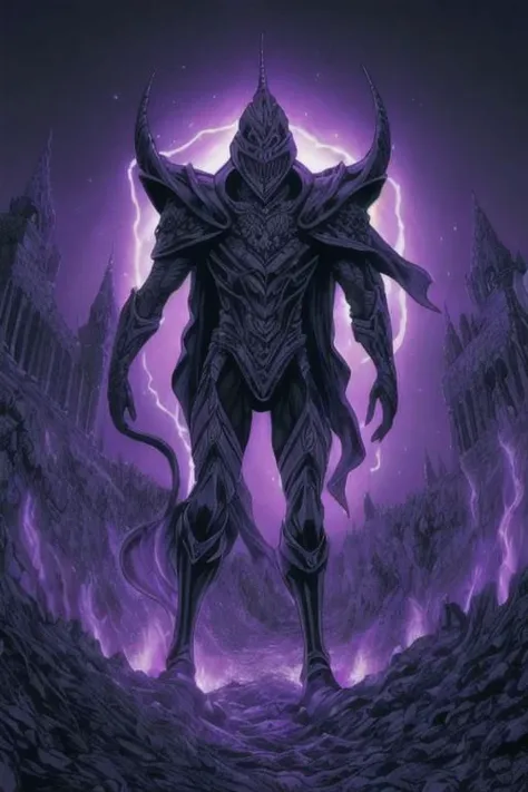 illustration,
humanoid monster,
tall slender figure,
helmet with pointed edges,
empty eye sockets,
fantasy armor,
dark armor,
light gray color,
clawed gloves,
energy body,
purple aura,
black light-blue colors,
standing,
looking at viewer,
background ruins,
dynamic light, ultra detail,
extremely detailed CG, full detail, 
8k best quality, realistic, 8k, 
micro intricate, masterpiece,
by Kentaro Miura