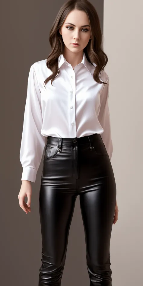 wide photo portrait, ((silk shirt)), ((black leather pants)), 1girl, TinaKay, thin body, slim thighs, atmospheric scene, masterpiece, best quality, (detailed beautiful face, smooth skin texture, ultra-detailed body:1.1)