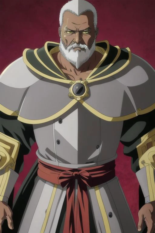 illustration,
tall muscular person,
dark skin,
an elderly person,
pronounced cheekbones,
square face,
green eyes,
short grey hair,
short grey beard,
bronze armor,
bronze shoulder pads,
red yellow and black colors,
black mist background,
looking at viewer,
dynamic light, ultra detail,
extremely detailed CG, full detail,
8k best quality, realistic, 8k,
micro intricate, masterpiece,
by Kentaro Miura
by Tito Kubo