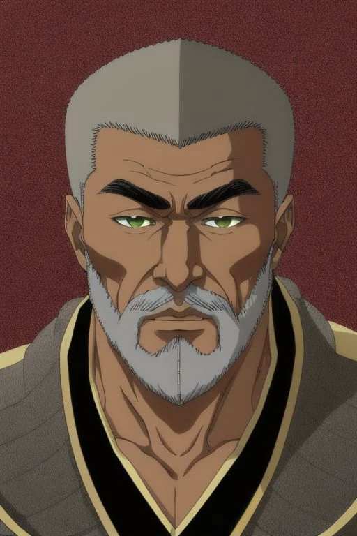 illustration,
tall muscular person,
dark skin,
an elderly person,
pronounced cheekbones,
square face,
green eyes,
short grey hair,
short grey beard,
bronze armor,
bronze shoulder pads,
red yellow and black colors,
black mist background,
looking at viewer,
dynamic light, ultra detail,
extremely detailed CG, full detail,
8k best quality, realistic, 8k,
micro intricate, masterpiece,
by Kentaro Miura
by Tito Kubo