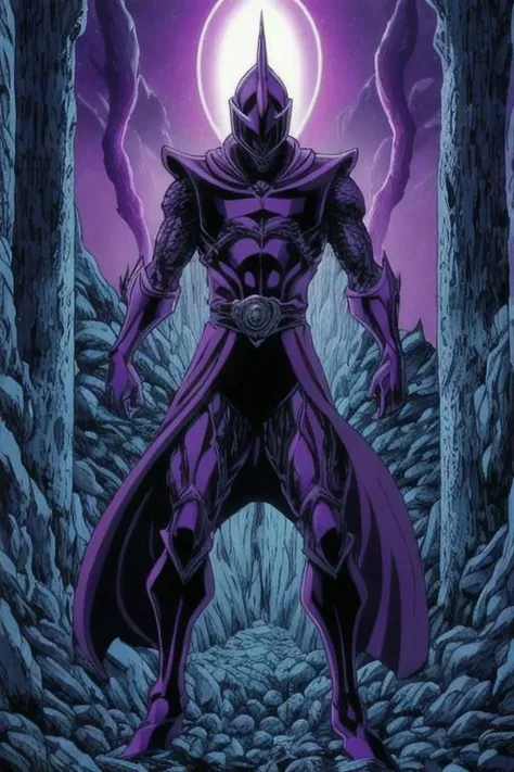 illustration,
humanoid monster,
tall slender figure,
helmet with pointed edges,
empty eye sockets,
fantasy armor,
dark armor,
light gray color,
clawed gloves,
energy body,
purple aura,
black light-blue colors,
standing,
looking at viewer,
background ruins,
dynamic light, ultra detail,
extremely detailed CG, full detail, 
8k best quality, realistic, 8k, 
micro intricate, masterpiece,
by Kentaro Miura