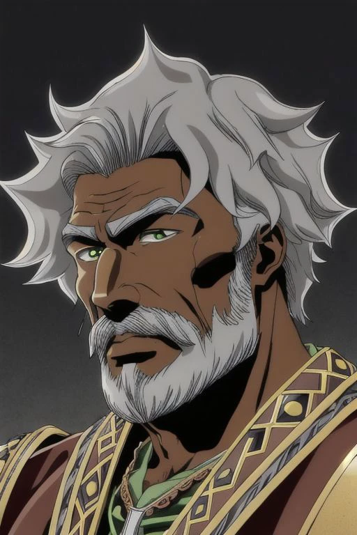 illustration,
tall muscular person,
dark skin,
an elderly person,
pronounced cheekbones,
square face,
green eyes,
short grey hair,
short grey beard,
bronze armor,
bronze shoulder pads,
red yellow and black colors,
black mist background,
looking at viewer,
dynamic light, ultra detail,
extremely detailed CG, full detail,
8k best quality, realistic, 8k,
micro intricate, masterpiece,
by Kentaro Miura
by Tito Kubo
