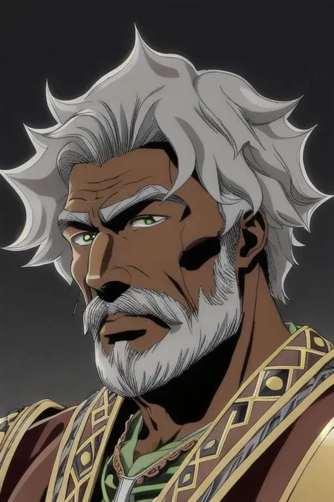 illustration,
tall muscular person,
dark skin,
an elderly person,
pronounced cheekbones,
square face,
green eyes,
short grey hair,
short grey beard,
bronze armor,
bronze shoulder pads,
red yellow and black colors,
black mist background,
looking at viewer,
dynamic light, ultra detail,
extremely detailed CG, full detail, 
8k best quality, realistic, 8k, 
micro intricate, masterpiece,
by Kentaro Miura
by Tito Kubo