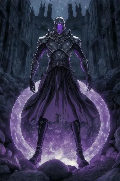 illustration,
humanoid monster,
tall slender figure,
helmet with pointed edges,
empty eye sockets,
fantasy armor,
dark armor,
light gray color,
clawed gloves,
energy body,
purple aura,
black light-blue colors,
standing,
looking at viewer,
background ruins,
dynamic light, ultra detail,
extremely detailed CG, full detail, 
8k best quality, realistic, 8k, 
micro intricate, masterpiece,
by Kentaro Miura