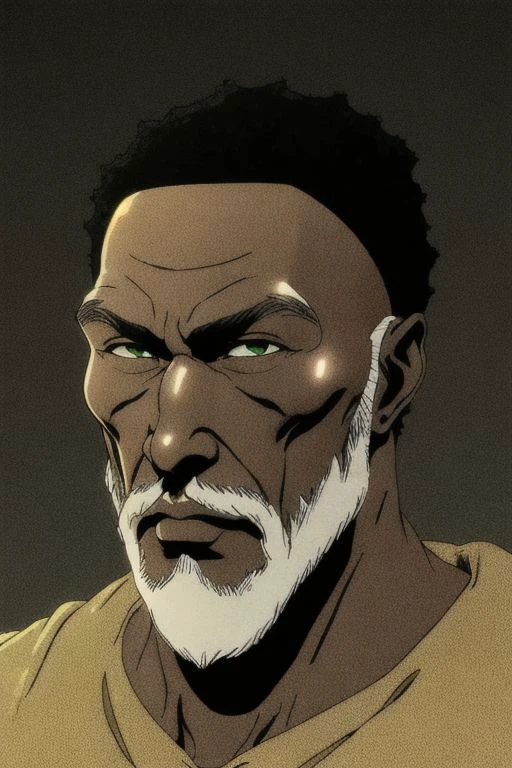 illustration,
tall muscular person,
dark skin,
an elderly person,
pronounced cheekbones,
square face,
green eyes,
short grey hair,
short grey beard,
bronze armor,
bronze shoulder pads,
red yellow and black colors,
black mist background,
looking at viewer,
dynamic light, ultra detail,
extremely detailed CG, full detail,
8k best quality, realistic, 8k,
micro intricate, masterpiece,
by Kentaro Miura
by Tito Kubo