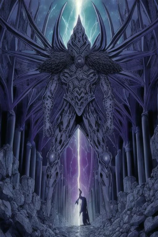 illustration,
humanoid monster,
tall slender figure,
helmet with pointed edges,
empty eye sockets,
fantasy armor,
dark armor,
light gray color,
clawed gloves,
energy body,
purple aura,
black light-blue colors,
standing,
looking at viewer,
background ruins,
dynamic light, ultra detail,
extremely detailed CG, full detail,
8k best quality, realistic, 8k,
micro intricate, masterpiece,
by Kentaro Miura