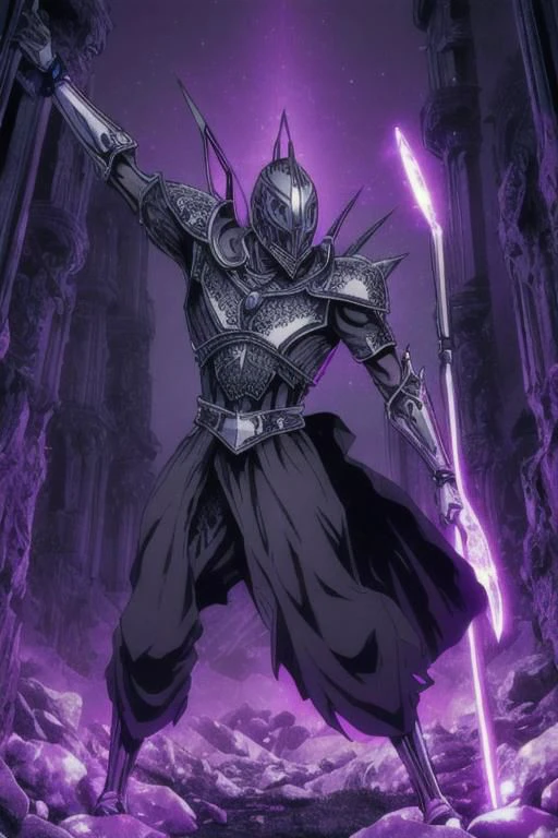 illustration,
humanoid monster,
tall slender figure,
helmet with pointed edges,
empty eye sockets,
fantasy armor,
dark armor,
light gray color,
clawed gloves,
energy body,
purple aura,
black light-blue colors,
standing,
looking at viewer,
background ruins,
dynamic light, ultra detail,
extremely detailed CG, full detail,
8k best quality, realistic, 8k,
micro intricate, masterpiece,
by Kentaro Miura