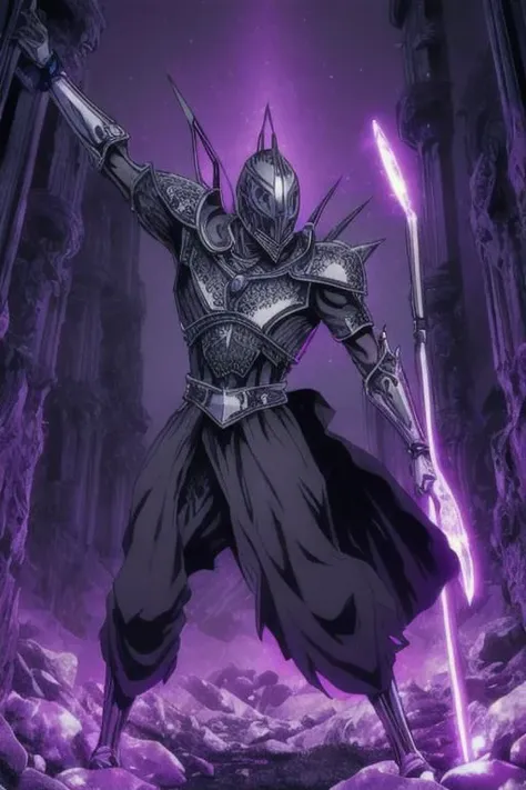 illustration,
humanoid monster,
tall slender figure,
helmet with pointed edges,
empty eye sockets,
fantasy armor,
dark armor,
light gray color,
clawed gloves,
energy body,
purple aura,
black light-blue colors,
standing,
looking at viewer,
background ruins,
dynamic light, ultra detail,
extremely detailed CG, full detail, 
8k best quality, realistic, 8k, 
micro intricate, masterpiece,
by Kentaro Miura