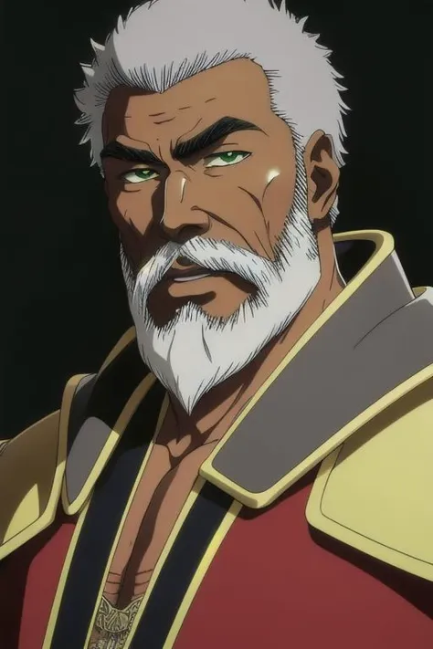 illustration,
tall muscular person,
dark skin,
an elderly person,
pronounced cheekbones,
square face,
green eyes,
short grey hair,
short grey beard,
bronze armor,
bronze shoulder pads,
red yellow and black colors,
black mist background,
looking at viewer,
dynamic light, ultra detail,
extremely detailed CG, full detail, 
8k best quality, realistic, 8k, 
micro intricate, masterpiece,
by Kentaro Miura
by Tito Kubo