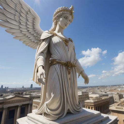 (anime style, high detail, giant statue of Nike, goddess of victory, with wings spread wide, holding a laurel wreath, dynamic pose, ancient stadium background)
