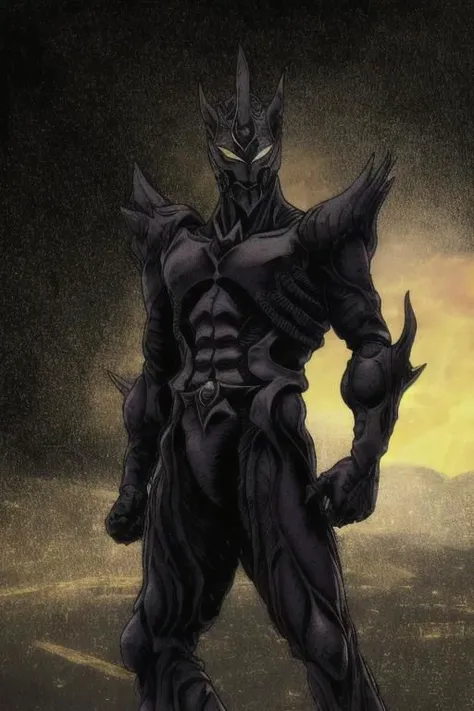 illustration,
guyver,
tall slim person,
horror,
sound,
black eye sockets,
dark armor,
bio-suit,
sharp armor plates,
armor skirt,
gloves,
full colored,
standing,
action pose,
white and black colors,
red sun background,
looking at viewer,
dynamic light, 
ultra detail,
extremely detailed CG, 
full detail, 
realistic, 8k, 
micro intricate, 
masterpiece,
comicbookpencils,
by Kentaro Miura