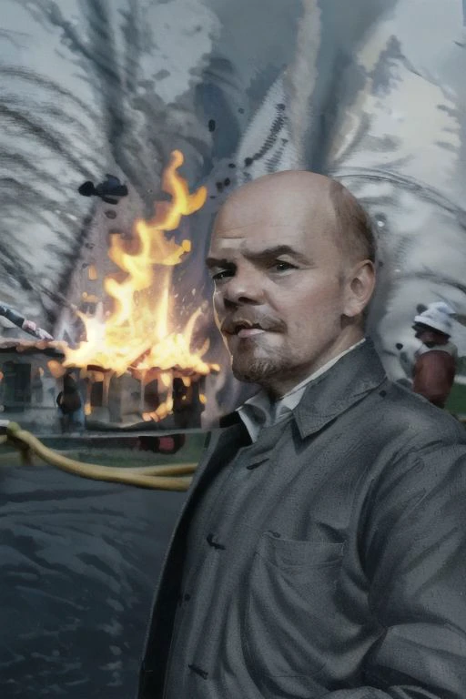 (Vladimir Lenin), (((IncrsDisasterGirlMeme))), (fire, smile, outdoors ) , Highly detailed, High Quality, Masterpiece, beautiful, 1man, <lora:DisasterGirlMeme:1>