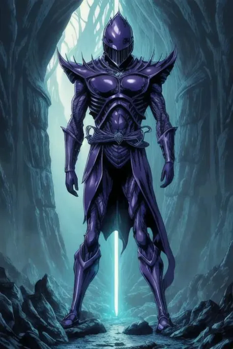 illustration,
humanoid monster,
tall slender figure,
helmet with pointed edges,
empty eye sockets,
fantasy armor,
dark armor,
light gray color,
clawed gloves,
energy body,
purple aura,
black light-blue colors,
standing,
looking at viewer,
background ruins,
dynamic light, ultra detail,
extremely detailed CG, full detail, 
8k best quality, realistic, 8k, 
micro intricate, masterpiece,
by Kentaro Miura