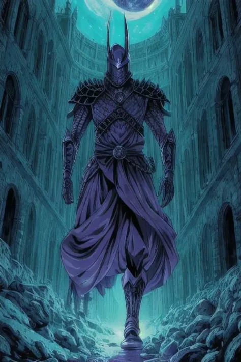 illustration,
humanoid monster,
tall slender figure,
helmet with pointed edges,
empty eye sockets,
fantasy armor,
dark armor,
light gray color,
clawed gloves,
energy body,
purple aura,
black light-blue colors,
standing,
looking at viewer,
background ruins,
dynamic light, ultra detail,
extremely detailed CG, full detail, 
8k best quality, realistic, 8k, 
micro intricate, masterpiece,
by Kentaro Miura