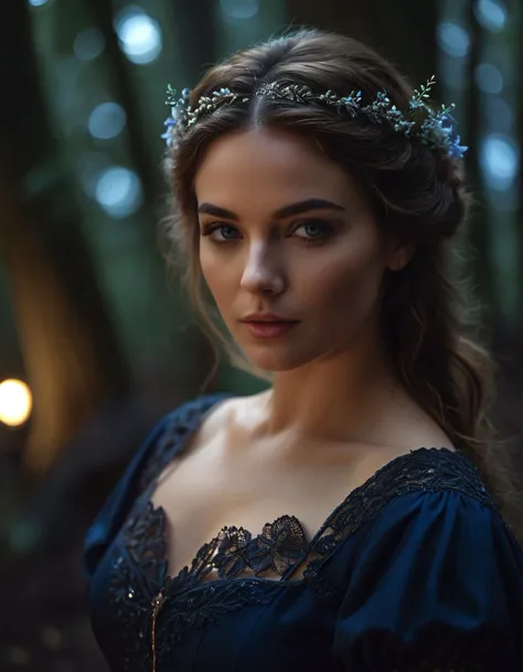Masterpiece, raw photo, high quality, a women in an enchanted forest, magical, fantasy, rpg, Duke Blue glowing, Dark Midnight Blue glowing_eyes, 8k, 16k, uhd, sharp lines, (lots of details:1.2), extremely detailed, absurdres, intricate detailed, cinematic scene, best quality, high detailed, ultra sharp, photorealistic, award winning,