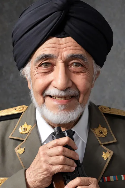 close-up photo portrait of a 80 yo aged Arab man, short grey hair, beard, black eyes, joyful face expression, turban, holding ak-47, military, simple background