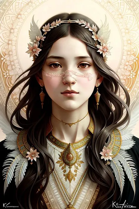 portrait of a girl surrounded by delicate feathers, face, intricate, elegant, highly detailed, digital painting, artstation, concept art, smooth, sharp focus, illustration, art by Krenz Cushart and Artem Demura and alphonse mucha